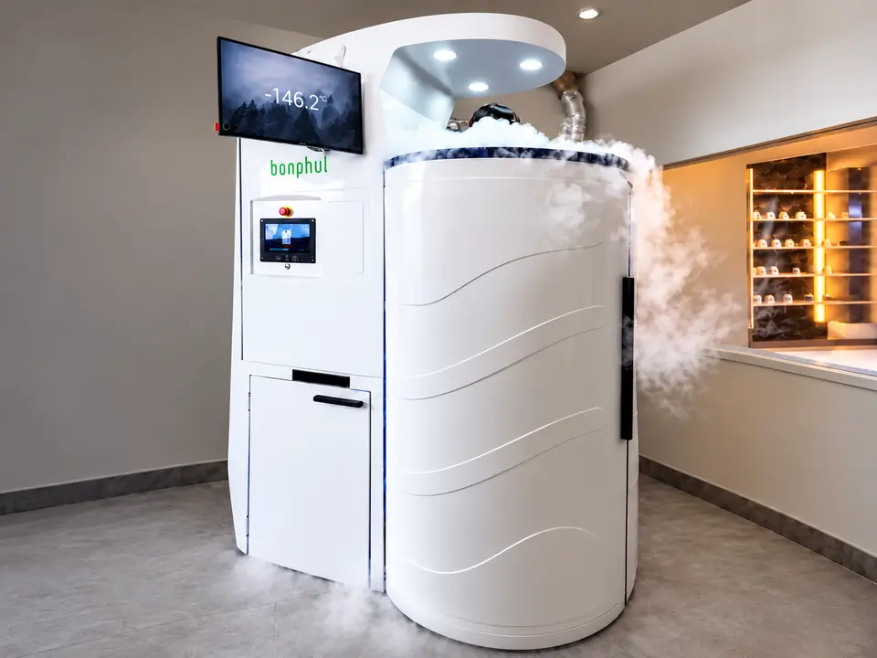 Bonphul cryosauna with its control panel and temperature monitor in the original wellness room
